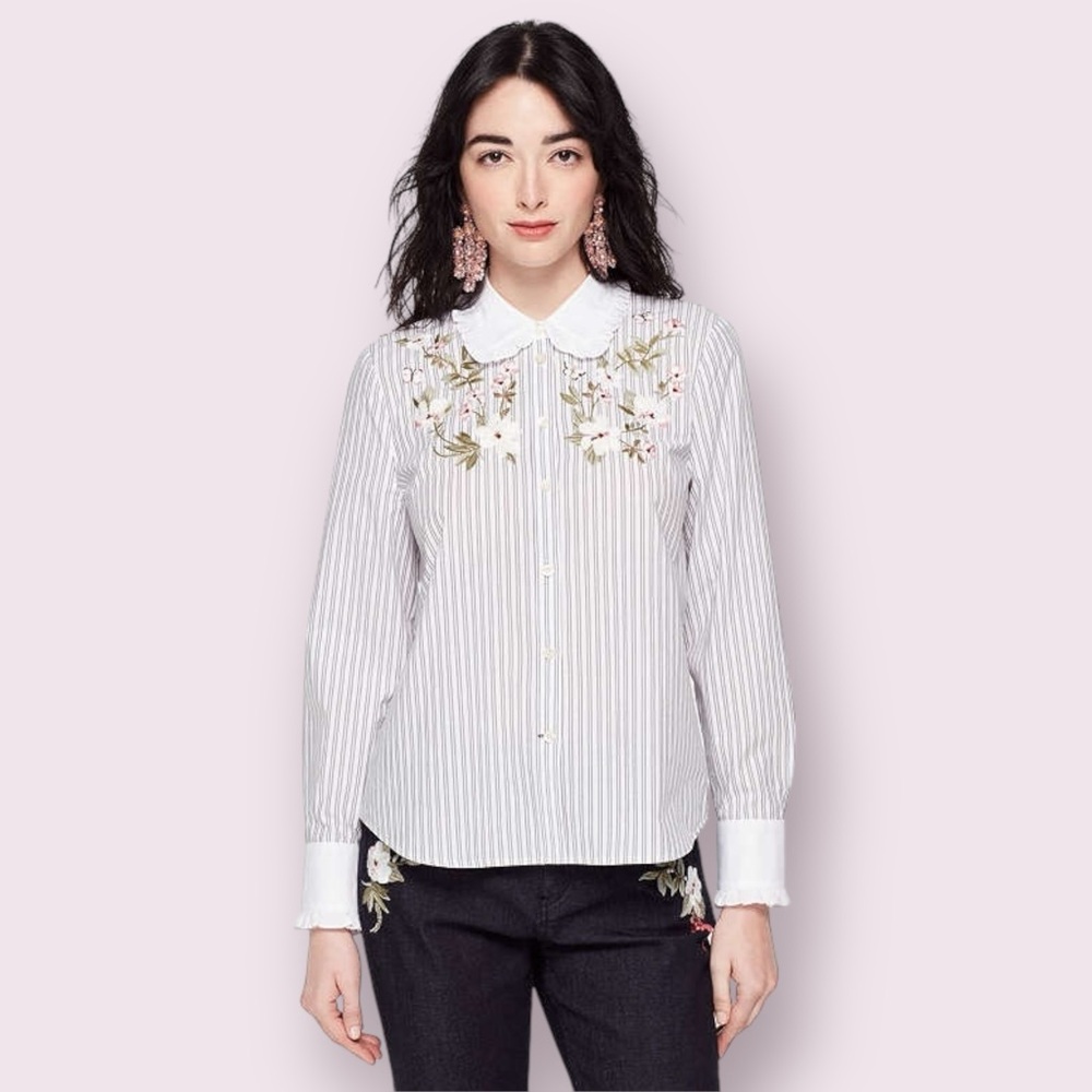 🌸 KATE SPADE Broome Street Stripe Embroidered Floral Top | NWT | Size L 🌸